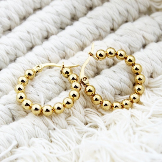 Imagen de Exquisito Elegante Pendientes de Aro Al Por Mayor, Con Cuentas Multicolor 201 Acero Inoxidable, Mujeres Respetuoso del Medio Ambiente Regalo Suministro de Joyería, 24mm Dia., 1 Par