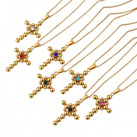 Picture of Wholesale Cross Pendant Charm Necklace, 18K Gold Plated 201 Stainless Steel Women's Eco-friendly Religious Retro Gift Jewelry For Retailer, 45cm(17.7") long, 1 Piece