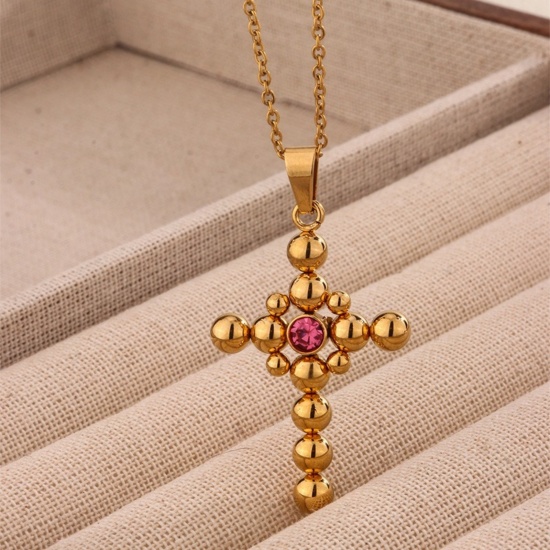 Picture of Wholesale Cross Pendant Charm Necklace, 18K Gold Plated 201 Stainless Steel Women's Eco-friendly Religious Retro Gift Jewelry For Retailer, 45cm(17.7") long, 1 Piece