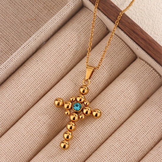 Picture of Wholesale Cross Pendant Charm Necklace, 18K Gold Plated 201 Stainless Steel Women's Eco-friendly Religious Retro Gift Jewelry For Retailer, 45cm(17.7") long, 1 Piece