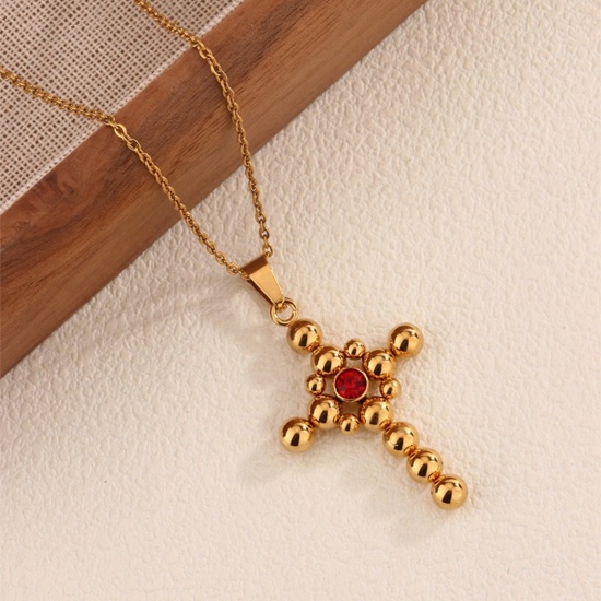Picture of Wholesale Cross Pendant Charm Necklace, 18K Gold Plated 201 Stainless Steel Women's Eco-friendly Religious Retro Gift Jewelry For Retailer, 45cm(17.7") long, 1 Piece