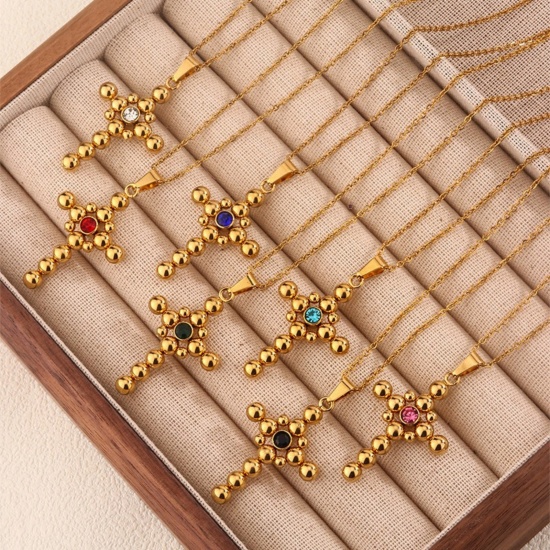 Picture of Wholesale Cross Pendant Charm Necklace, 18K Gold Plated 201 Stainless Steel Women's Eco-friendly Religious Retro Gift Jewelry For Retailer, 45cm(17.7") long, 1 Piece