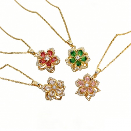 Image de Collier à Breloques Fleur Plaqué Or 18K en Laiton & Zirconia Cubique Pour Femmes, 40cm + 5cm, Rotatif, Exquis À la Mode Cadeau, 1 Pièce