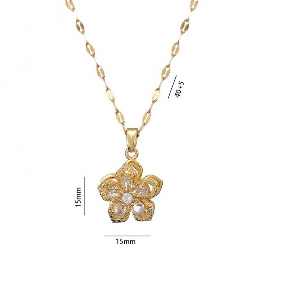 Picture of 18K Gold Plated Flower Pendant Charm Necklace, Brass & Cubic Zirconia 40cm(15.7") + 5cm(2"), For Women, Rotatable, Stylish Exquisite Gift