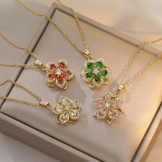 Picture of 18K Gold Plated Flower Pendant Charm Necklace, Brass & Cubic Zirconia 40cm(15.7") + 5cm(2"), For Women, Rotatable, Stylish Exquisite Gift