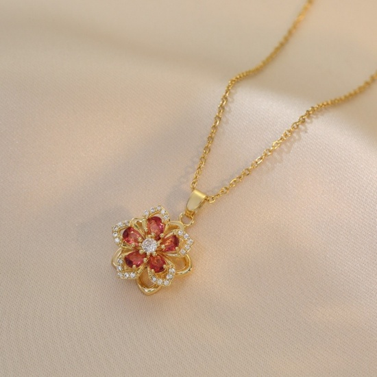 Picture of 18K Gold Plated Flower Pendant Charm Necklace, Brass & Cubic Zirconia 40cm(15.7") + 5cm(2"), For Women, Rotatable, Stylish Exquisite Gift