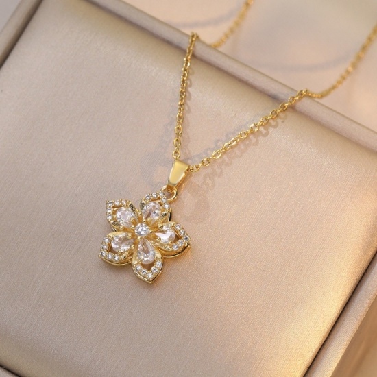 Picture of 18K Gold Plated Flower Pendant Charm Necklace, Brass & Cubic Zirconia 40cm(15.7") + 5cm(2"), For Women, Rotatable, Stylish Exquisite Gift