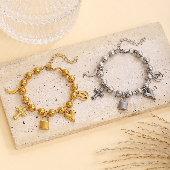 Bild von Umweltfreundliche PVD-Vakuumbeschichtung Elegant Religiös 304 Edelstahl Kreuz Armband Für Frauen Geschenk 17cm lang