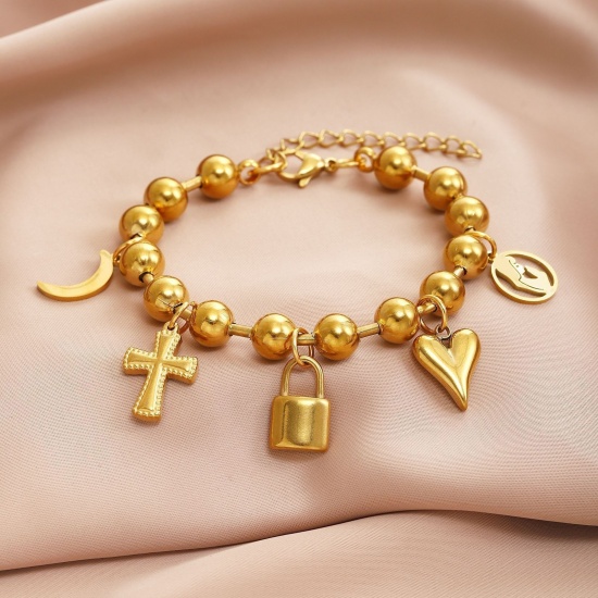 Bild von Umweltfreundliche PVD-Vakuumbeschichtung Elegant Religiös 304 Edelstahl Kreuz Armband Für Frauen Geschenk 17cm lang