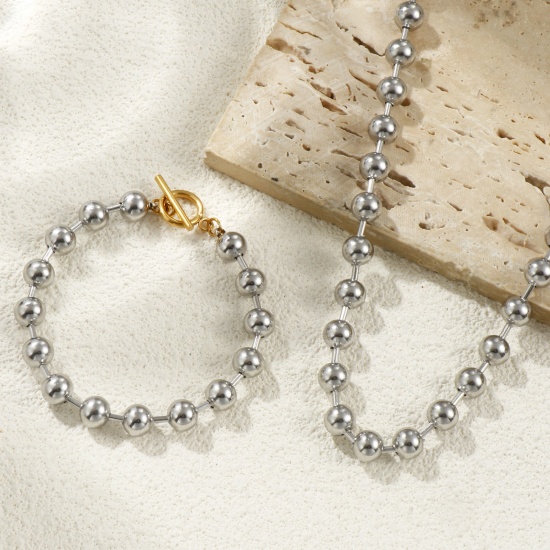 Picture of Wholesale Two Tone Ball Chain Necklace & Bracelet, Silver Tone 304 Stainless Steel, Unisex Eco-friendly PVD Vacuum Plating Minimalist Gift Jewelry For Retailer