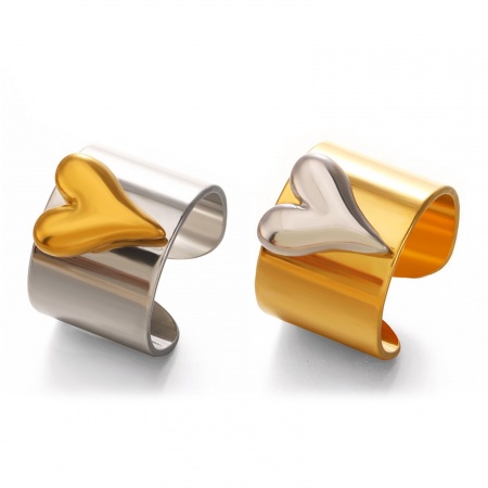 Picture of Wholesale Women's Gift Heart Two Tone Open Adjustable Rings, 304 Stainless Steel, Eco-friendly PVD Vacuum Plating Valentine's Day Stylish Jewelry Supply, 18mm(US Size 7.75)