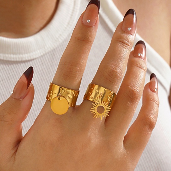 Picture of Wholesale Women's Gift Sun Open Adjustable Rings, 18K Gold Plated 304 Stainless Steel, Eco-friendly PVD Vacuum Plating Galaxy Stylish Jewelry Supply, 17mm(US Size 6.5)
