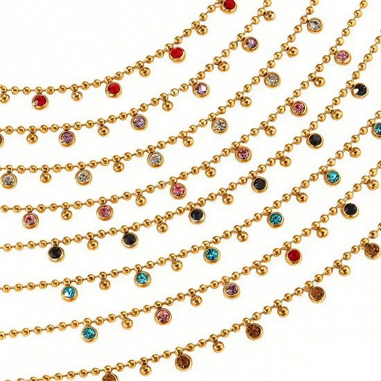 Picture of Wholesale Tassel Multicolor Rhinestone Station Necklace, 18K Gold Plated 304 Stainless Steel & Rhinestone, Women's Eco-friendly PVD Exquisite Stylish Gift Jewelry For Retailer, 40cm(15.7") + 5cm(2") long