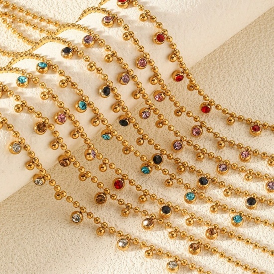 Picture of Wholesale Tassel Multicolor Rhinestone Station Necklace, 18K Gold Plated 304 Stainless Steel & Rhinestone, Women's Eco-friendly PVD Exquisite Stylish Gift Jewelry For Retailer, 40cm(15.7") + 5cm(2") long