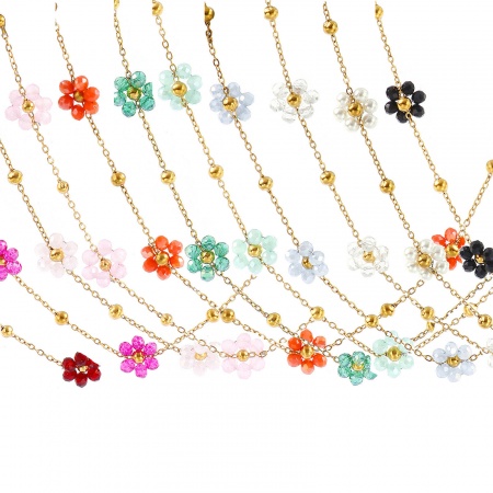 Immagine di All'Ingrosso Fiore Catena a Cavo Collana di Perline, 18K Vero Oro Placcato 304 Acciaio Inossidabile & Vetro, Donne Placcatura Sottovuoto PVD Ecologica Impermeabile Anti-Ossidante Ipoallergenico Elegante Dolce & Carino Regalo Gioielleria al Dettaglio 40cm + 5cm Lunghezza, 1 Pz