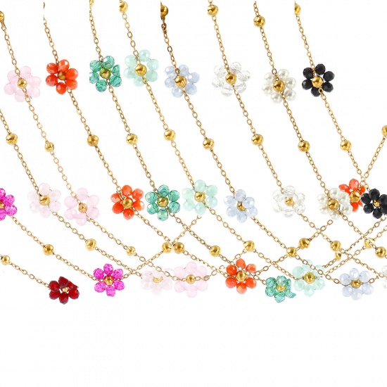 Picture of Wholesale Flower Link Cable Chain Beaded Necklace, 18K Real Gold Plated 304 Stainless Steel & Glass, Women's Eco-friendly PVD Vacuum Plating Waterproof Anti-Tarnish Hypoallergenic Stylish Sweet & Cute Gift Jewelry For Retailer 40cm(15.7") + 5cm(2") long