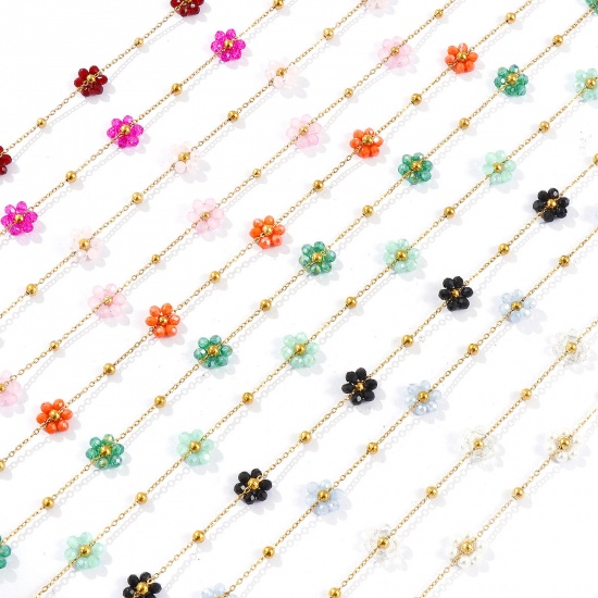 Picture of Wholesale Flower Link Cable Chain Beaded Necklace, 18K Real Gold Plated 304 Stainless Steel & Glass, Women's Eco-friendly PVD Vacuum Plating Waterproof Anti-Tarnish Hypoallergenic Stylish Sweet & Cute Gift Jewelry For Retailer 40cm(15.7") + 5cm(2") long