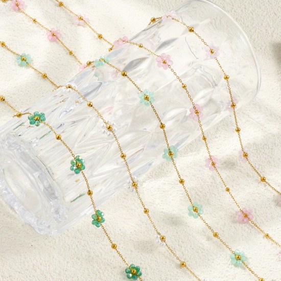 Picture of Wholesale Flower Link Cable Chain Beaded Necklace, 18K Real Gold Plated 304 Stainless Steel & Glass, Women's Eco-friendly PVD Vacuum Plating Waterproof Anti-Tarnish Hypoallergenic Stylish Sweet & Cute Gift Jewelry For Retailer 40cm(15.7") + 5cm(2") long