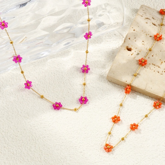 Picture of Wholesale Flower Link Cable Chain Beaded Necklace, 18K Real Gold Plated 304 Stainless Steel & Glass, Women's Eco-friendly PVD Vacuum Plating Waterproof Anti-Tarnish Hypoallergenic Stylish Sweet & Cute Gift Jewelry For Retailer 40cm(15.7") + 5cm(2") long