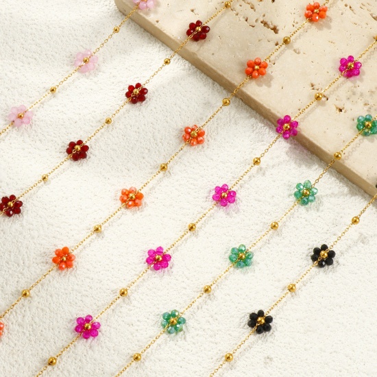 Picture of Wholesale Flower Link Cable Chain Beaded Necklace, 18K Real Gold Plated 304 Stainless Steel & Glass, Women's Eco-friendly PVD Vacuum Plating Waterproof Anti-Tarnish Hypoallergenic Stylish Sweet & Cute Gift Jewelry For Retailer 40cm(15.7") + 5cm(2") long