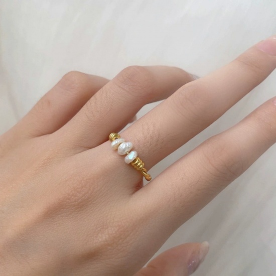 Picture of Wholesale Women's Gift White Wrapped Unadjustable Rings, 18K Gold Plated 304 Stainless Steel & Natural Pearl, Eco-friendly PVD Vacuum Plating Exquisite Stylish Jewelry Supply
