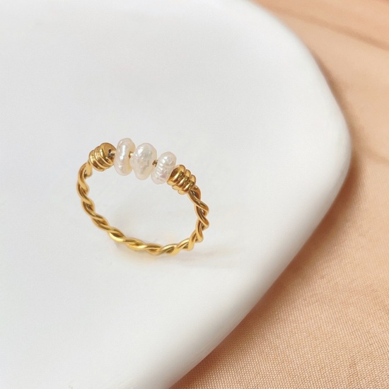 Picture of Wholesale Women's Gift White Wrapped Unadjustable Rings, 18K Gold Plated 304 Stainless Steel & Natural Pearl, Eco-friendly PVD Vacuum Plating Exquisite Stylish Jewelry Supply