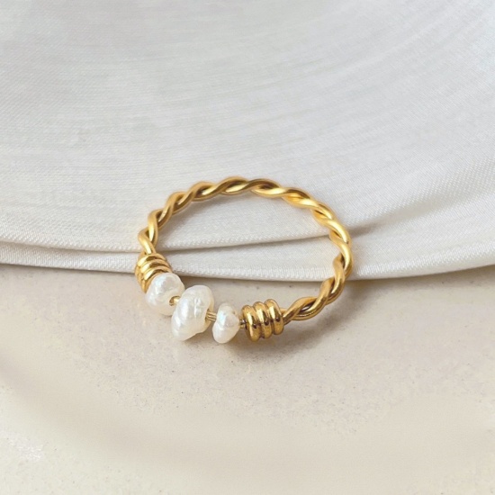 Picture of Wholesale Women's Gift White Wrapped Unadjustable Rings, 18K Gold Plated 304 Stainless Steel & Natural Pearl, Eco-friendly PVD Vacuum Plating Exquisite Stylish Jewelry Supply