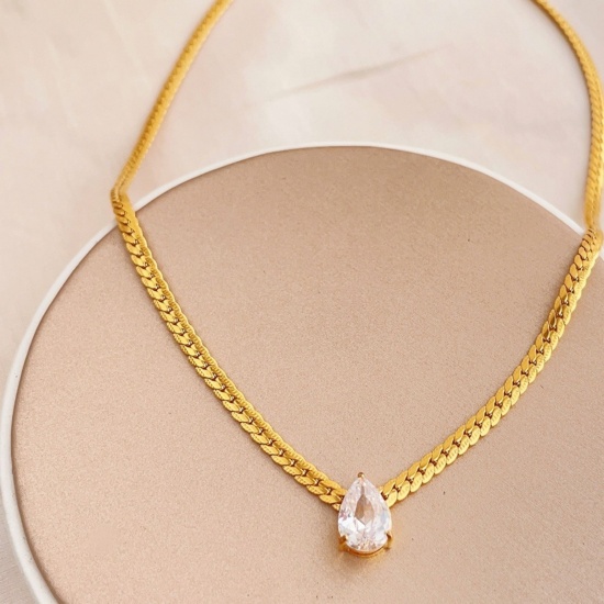 Picture of Wholesale Drop Pendant Charm Necklace, Multicolor 304 Stainless Steel & Cubic Zirconia Snake Chain, Women's Eco-friendly Exquisite Stylish Gift Jewelry For Retailer, 41cm(16.1") + 6cm(2.4") long, 1 Piece