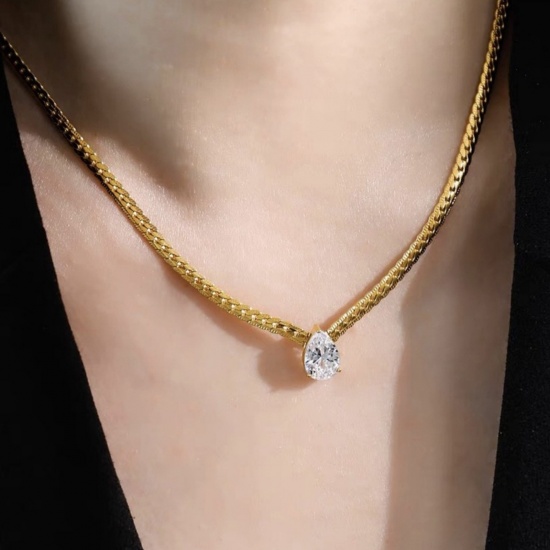 Picture of Wholesale Drop Pendant Charm Necklace, Multicolor 304 Stainless Steel & Cubic Zirconia Snake Chain, Women's Eco-friendly Exquisite Stylish Gift Jewelry For Retailer, 41cm(16.1") + 6cm(2.4") long, 1 Piece