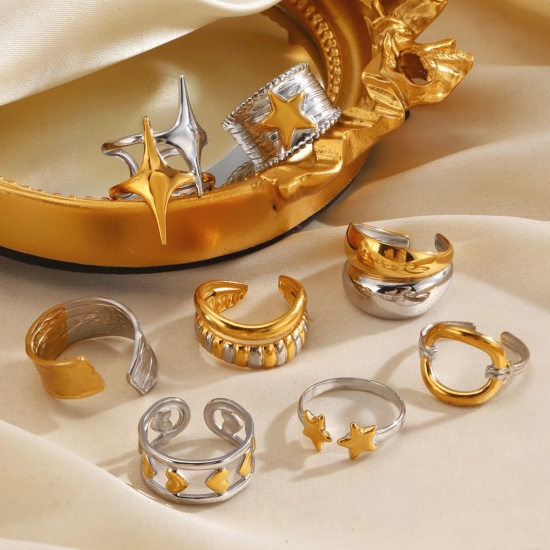 Picture of Wholesale Women's Gift Two Tone Open Adjustable Rings, Silver Tone & 18K Gold Plated 304 Stainless Steel, Eco-friendly Exquisite Retro Jewelry Supply