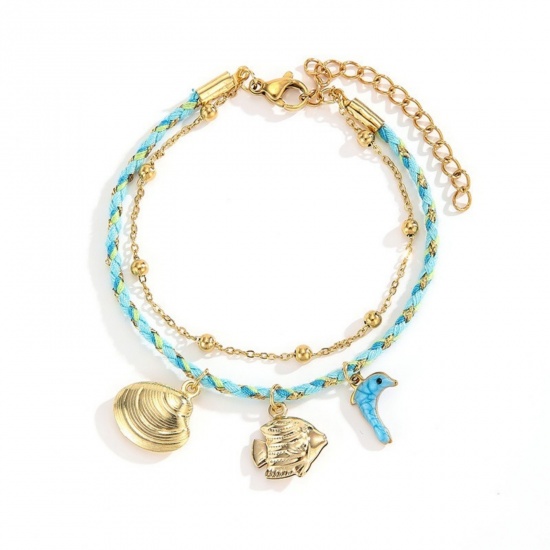 Picture of Wholesale 304 Stainless Steel Multilayer Layered Bracelet, 14K Gold Plated Eco-friendly PVD Vacuum Plating, Women's Ocean Jewelry Stylish Gift Jewelry Supply, 16cm(6.3") long