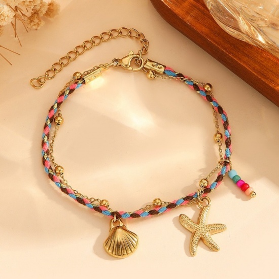 Picture of Wholesale 304 Stainless Steel Multilayer Layered Bracelet, 14K Gold Plated Eco-friendly PVD Vacuum Plating, Women's Ocean Jewelry Stylish Gift Jewelry Supply, 16cm(6.3") long