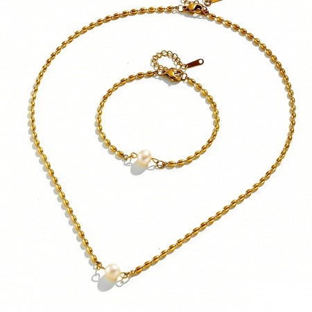 Picture of Wholesale Imitation Pearl Ball Chain Pendant Charm Necklace, 18K Gold Plated 304 Stainless Steel, Women's Vacuum Plating Exquisite Stylish Gift Jewelry For Retailer, 1 Piece