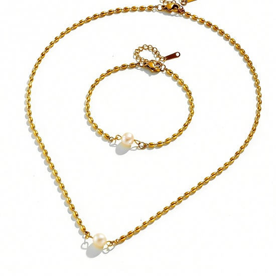 Picture of Wholesale Imitation Pearl Ball Chain Pendant Charm Necklace, 18K Gold Plated 304 Stainless Steel, Women's Vacuum Plating Exquisite Stylish Gift Jewelry For Retailer, 1 Piece