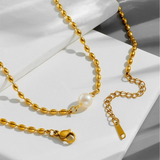 Picture of Wholesale Imitation Pearl Ball Chain Pendant Charm Necklace, 18K Gold Plated 304 Stainless Steel, Women's Vacuum Plating Exquisite Stylish Gift Jewelry For Retailer, 1 Piece