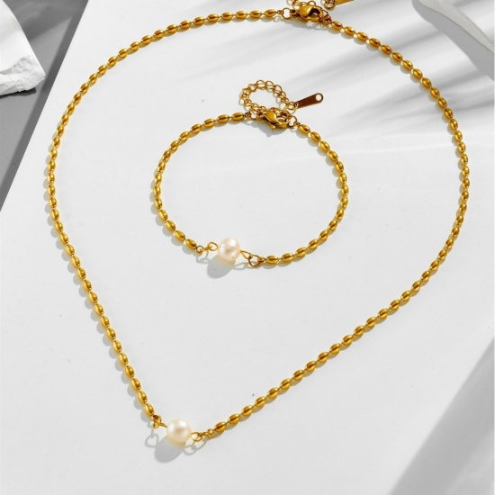 Picture of Wholesale Imitation Pearl Ball Chain Pendant Charm Necklace, 18K Gold Plated 304 Stainless Steel, Women's Vacuum Plating Exquisite Stylish Gift Jewelry For Retailer, 1 Piece