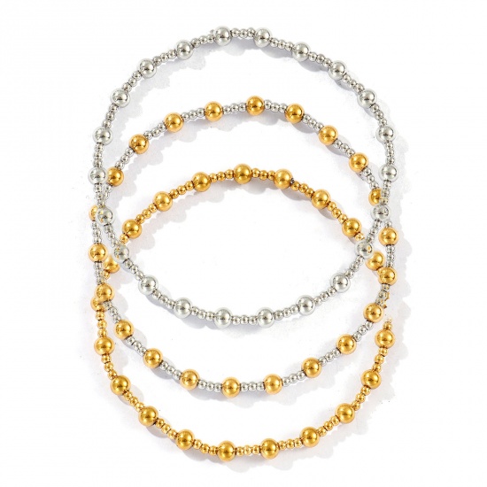 Imagen de Al Por Mayor Elástico 304 Acero Inoxidable Pulseras de Cuentas, Respetuoso del Medio Ambiente, Unisex Sencillo Elegante Regalo Suministro de Joyería 17cm longitud, 1 Unidad