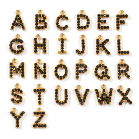 Immagine di 2 Pz Ecologico 304 Acciaio Inossidabile Lettera Maiuscola Ciondoli Oro Placcato Messaggio " A-Z " Nero Strass