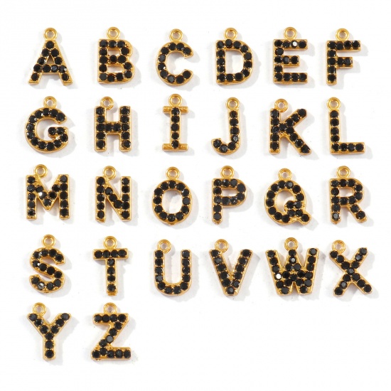 Picture of Eco-friendly 304 Stainless Steel Capital Alphabet Initial Letter Name Charms Gold Plated Message " A-Z " Black Rhinestone