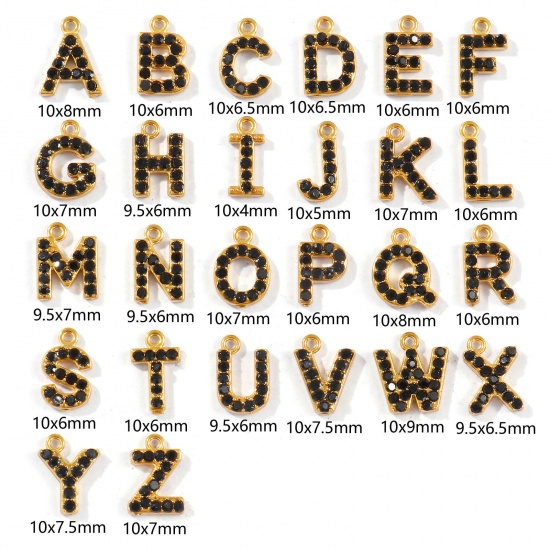 Picture of Eco-friendly 304 Stainless Steel Capital Alphabet Initial Letter Name Charms Gold Plated Message " A-Z " Black Rhinestone