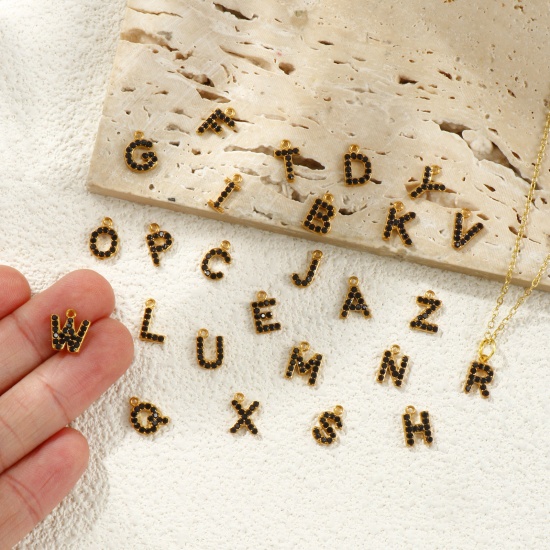 Picture of Eco-friendly 304 Stainless Steel Capital Alphabet Initial Letter Name Charms Gold Plated Message " A-Z " Black Rhinestone