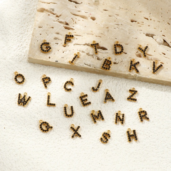 Picture of Eco-friendly 304 Stainless Steel Capital Alphabet Initial Letter Name Charms Gold Plated Message " A-Z " Black Rhinestone