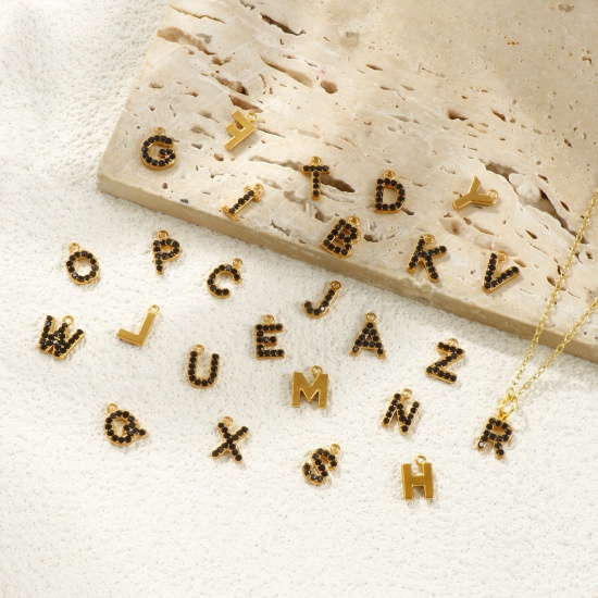 Picture of Eco-friendly 304 Stainless Steel Capital Alphabet Initial Letter Name Charms Gold Plated Message " A-Z " Black Rhinestone