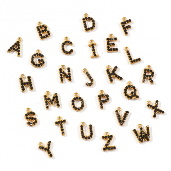 Picture of Eco-friendly 304 Stainless Steel Capital Alphabet Initial Letter Name Charms Gold Plated Message " A-Z " Black Rhinestone