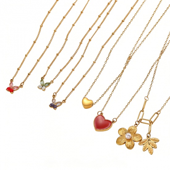 Imagen de Al Por Mayor Corazón Mariposa Collar con Colgante, Chapado en Oro de 18K 304 Acero Inoxidable Mujeres Recubrimiento al Vacío PVD Ecológico Elegante Regalo Joyería Para Venta 40cm + 7cm longitud, 1 Unidad