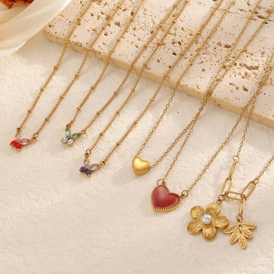 Imagen de Al Por Mayor Corazón Mariposa Collar con Colgante, Chapado en Oro de 18K 304 Acero Inoxidable Mujeres Recubrimiento al Vacío PVD Ecológico Elegante Regalo Joyería Para Venta 40cm + 7cm longitud, 1 Unidad