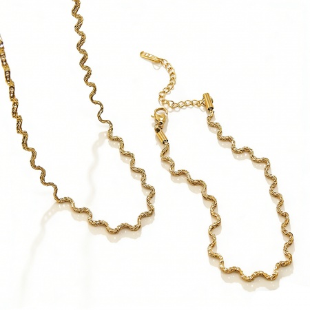Immagine di All'Ingrosso Onda Catena Collana & Bracciale, Placcato Oro 18K 304 Acciaio Inossidabile, Donne Placcatura Sottovuoto PVD Ecologica Elegante Elegante Regalo Gioielleria al Dettaglio 1 Pz