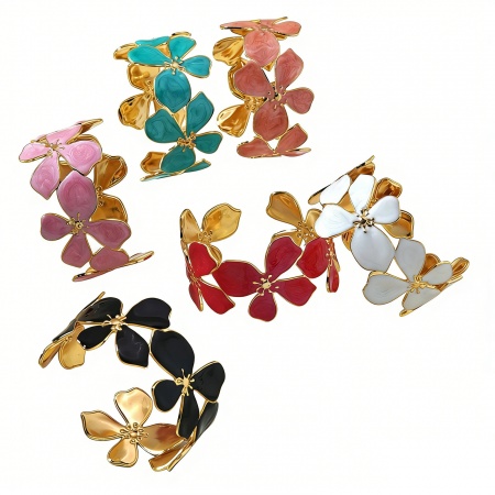 Picture of Wholesale Flower Multicolor Enamel Open Cuff Bangles Bracelets, 18K Gold Plated 304 Stainless Steel, Women's Eco-friendly PVD Vacuum Plating Flora Collection Stylish Gift Jewelry Supply 5.5cm Dia., 1 Piece