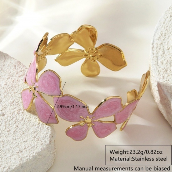 Image de de Gros Bracelet Manchette Jonc Semi-Ouvert Plaqué Or 18K en 304 Acier Inoxydable, Fleur Multicolore Émail aux Femmes Revêtement sous Vide PVD Respectueux de l'Environnement Collection Végétale À la Mode Cadeau Fournitures de Bijoux 5.5cm Dia., 1 Pièce