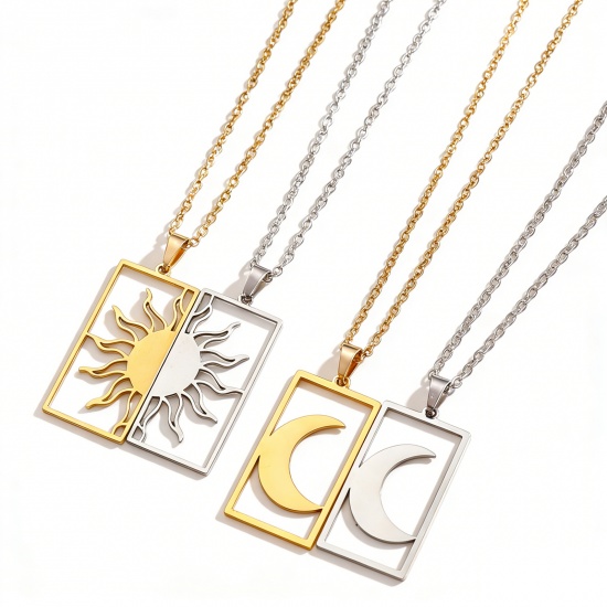Picture of Wholesale Sun & Moon Pendant Charm Necklace, 304 Stainless Steel Link Cable Chain, Couple's Eco-friendly Galaxy Dainty Gift Jewelry For Retailer 40cm(15.7") + 6cm(2.4") long, 1 Piece